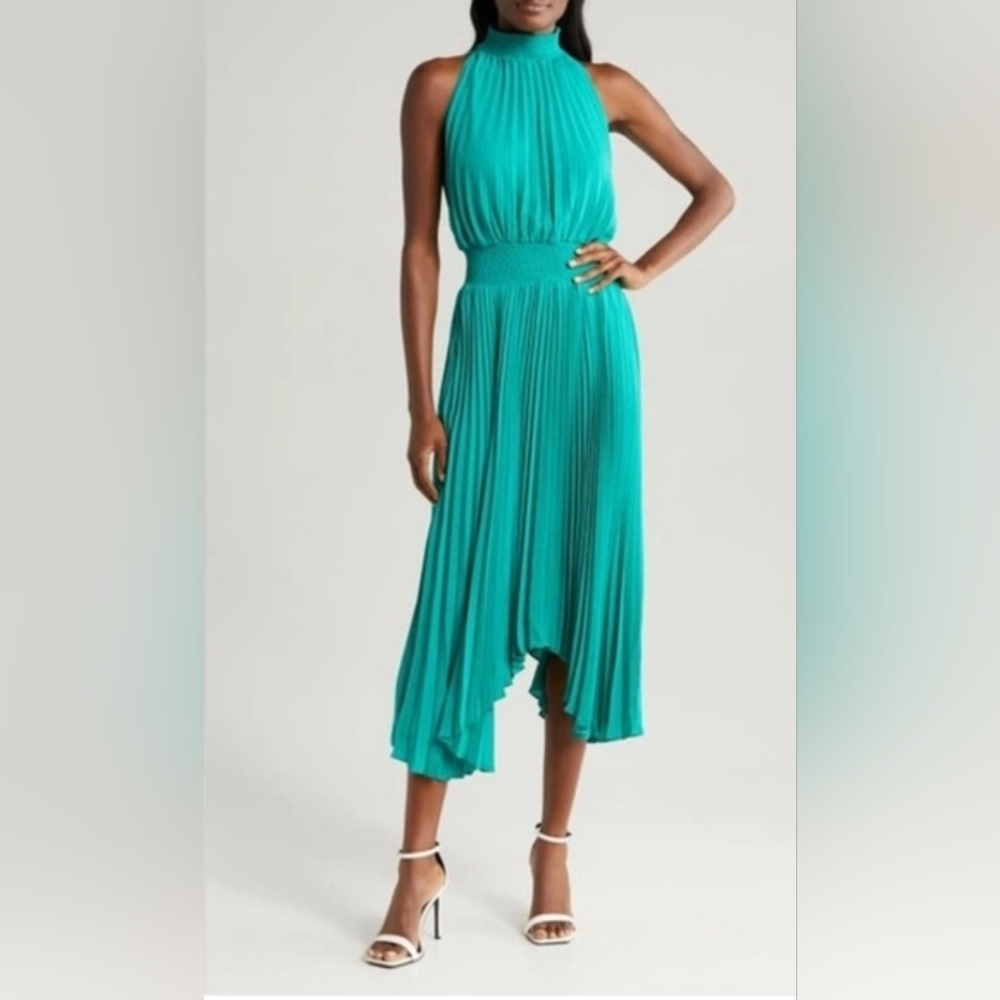 HALOGEN Pleated Hem Midi Dress In Miami Green Nwot